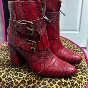 Freebird by Steven Red Heeled Boots with Textured Pattern